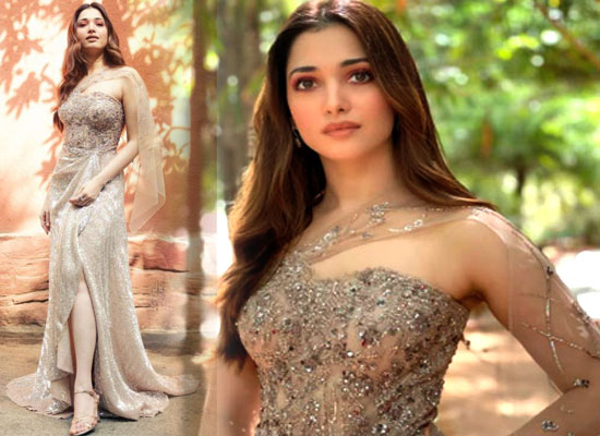 Tamannaah Bhatia's loveable look in a tulle sequined draped asymmetrical gown!