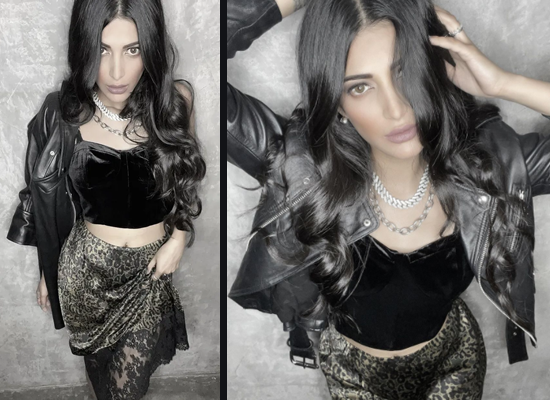 Shruti Haasan's sizzling avatar in a leopard print lace skirt and velvet top!