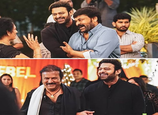 Prabhas's happy moments with legends Chiranjeevi and Mohan at a birthday party!