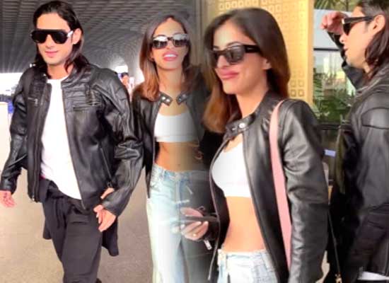 Prateik Babbar and Priya Banerjee twin in black biker jackets at Mumbai airport!